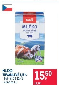 Mléko trvanlivé Tatra - 1,5% polotučné