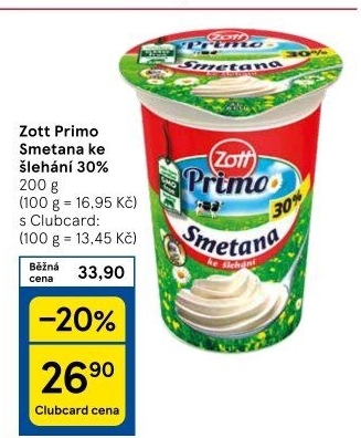 Smetana ke šlehání 30% Primo Zott