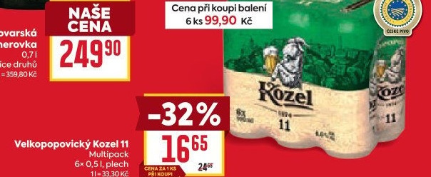 Pivo světlý ležák 11° Medium Velkopopovický Kozel