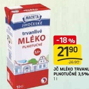 Mléko trvanlivé Jihočeské Madeta - 3,5% plnotučné