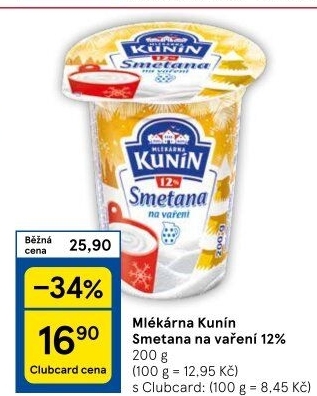 Smetana na vaření Mlékárna Kunín 12%
