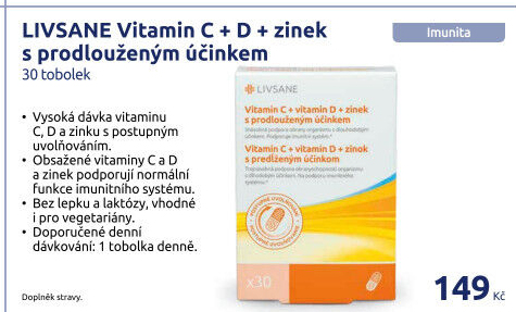Doplněk stravy Vitamin C + D + Zinek Livsane