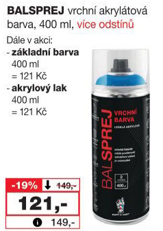 Vrchní akrylová barva ve spreji Balsprej Barvy a laky Hostivař