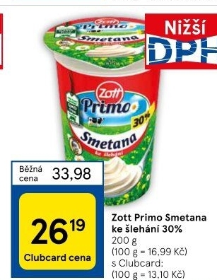 Smetana ke šlehání 30% Primo Zott
