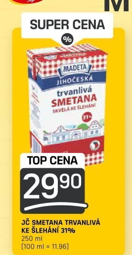 Smetana ke šlehání trvanlivá Jihočeská Madeta 31%