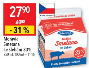 Smetana ke šlehání 33% Moravia