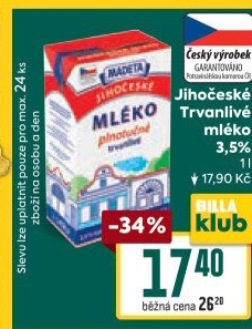 Mléko trvanlivé Jihočeské Madeta - 3,5% plnotučné