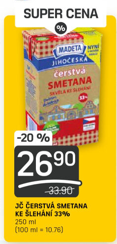 Smetana čerstvá ke šlehání Jihočeská Madeta 33%