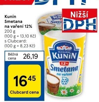 Smetana na vaření Mlékárna Kunín 12%