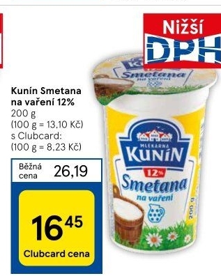 Smetana na vaření Mlékárna Kunín 12%