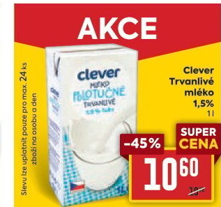 Mléko trvanlivé Clever - 1,5% polotučné