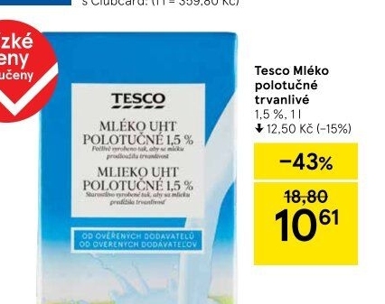Mléko trvanlivé Tesco - 1,5% polotučné