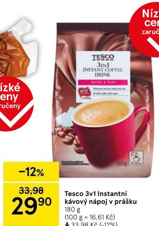Instantní káva porcovaná 3v1 Tesco