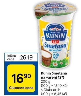 Smetana na vaření Mlékárna Kunín 12%