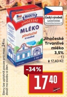 Mléko trvanlivé Jihočeské Madeta - 3,5% plnotučné