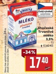 Mléko trvanlivé Jihočeské Madeta - 3,5% plnotučné