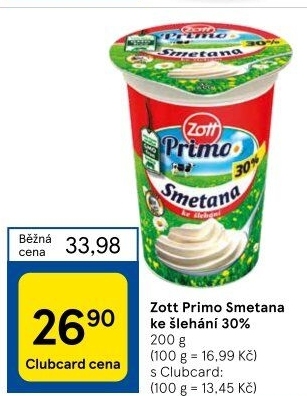 Smetana ke šlehání 30% Primo Zott