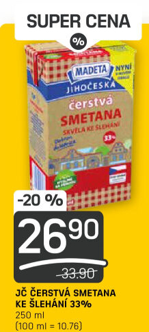 Smetana čerstvá ke šlehání Jihočeská Madeta 33%