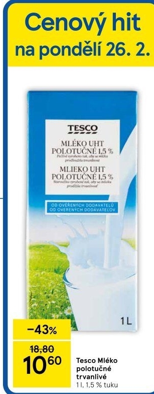 Mléko trvanlivé Tesco - 1,5% polotučné