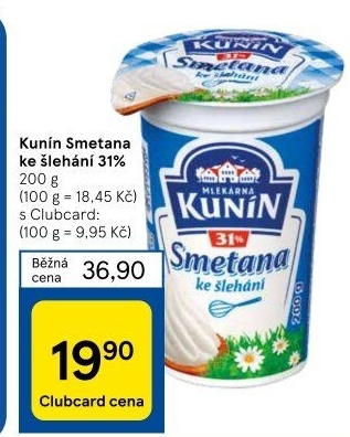 Smetana ke šlehání Mlékárna Kunín 31%