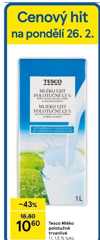 Mléko trvanlivé Tesco - 1,5% polotučné