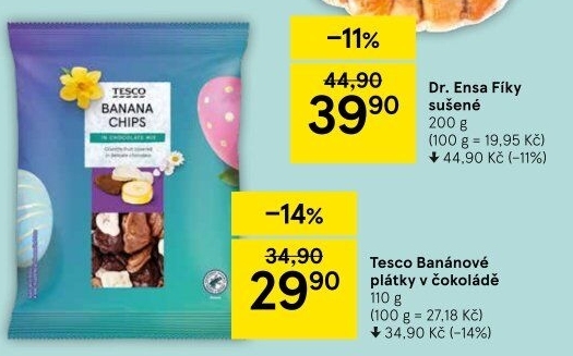 Banánové chipsy v čokoládě Tesco