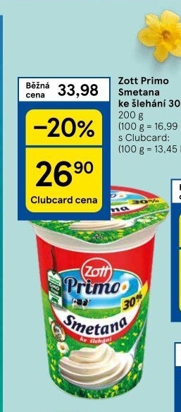 Smetana ke šlehání 30% Primo Zott
