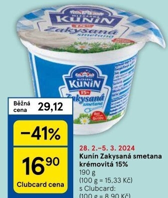 Zakysaná smetana krémovitá Mlékárna Kunín 15%