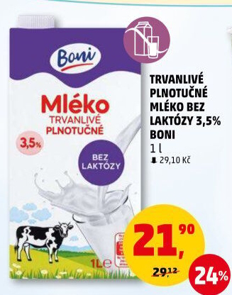 Mléko trvanlivé bez laktózy - 3,5% plnotučné Boni