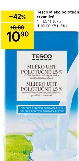 Mléko trvanlivé Tesco - 1,5% polotučné