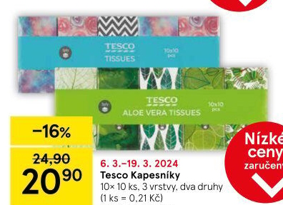 Papírové kapesníčky 3vrstvé Tesco