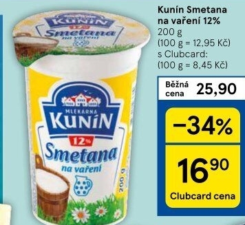 Smetana na vaření Mlékárna Kunín 12%