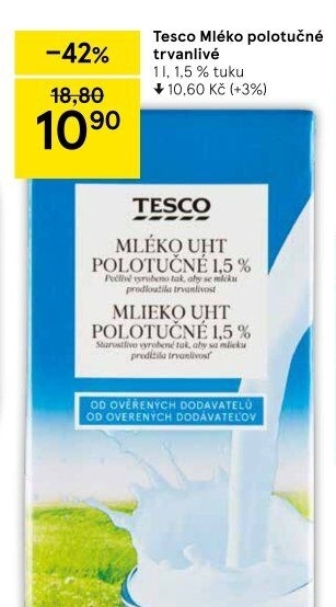 Mléko trvanlivé Tesco - 1,5% polotučné