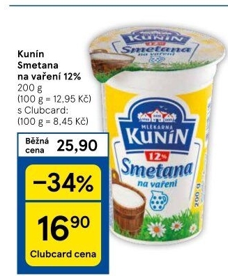 Smetana na vaření Mlékárna Kunín 12%