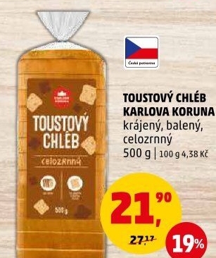 Toustový chléb celozrnný Karlova Koruna
