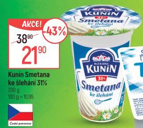 Smetana ke šlehání Mlékárna Kunín 31%