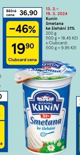 Smetana ke šlehání Mlékárna Kunín 31%
