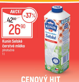Mléko čerstvé selské Mlékárna Kunín -plnotučné