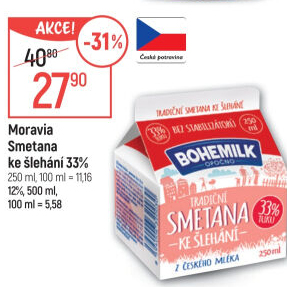 Smetana ke šlehání 33% Bohemilk Opočno