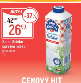 Mléko čerstvé selské Mlékárna Kunín -plnotučné