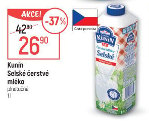 Mléko čerstvé selské Mlékárna Kunín -plnotučné