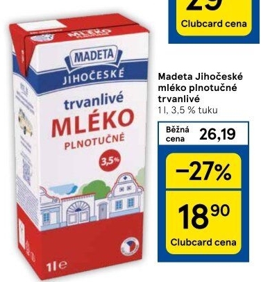 Mléko trvanlivé Jihočeské Madeta - 3,5% plnotučné