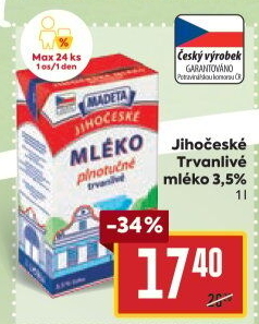 Mléko trvanlivé Jihočeské Madeta - 3,5% plnotučné