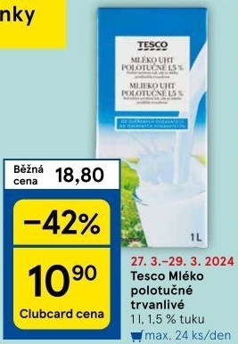 Mléko trvanlivé Tesco - 1,5% polotučné