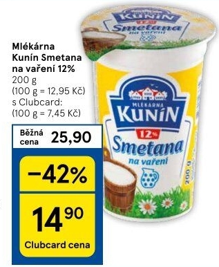 Smetana na vaření Mlékárna Kunín 12%