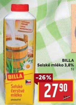 Mléko čerstvé selské Billa - 3,8% plnotučné