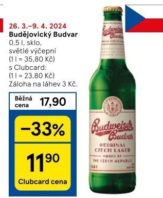 Pivo světlé výčepní Budweiser Budvar
