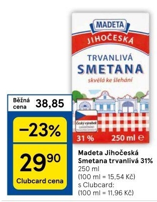 Smetana ke šlehání trvanlivá Jihočeská Madeta 31%