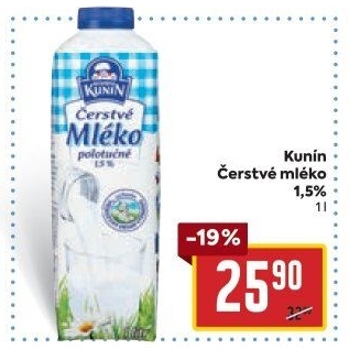 Mléko čerstvé Mlékárna Kunín - 1,5% polotučné