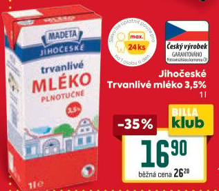 Mléko trvanlivé Jihočeské Madeta - 3,5% plnotučné